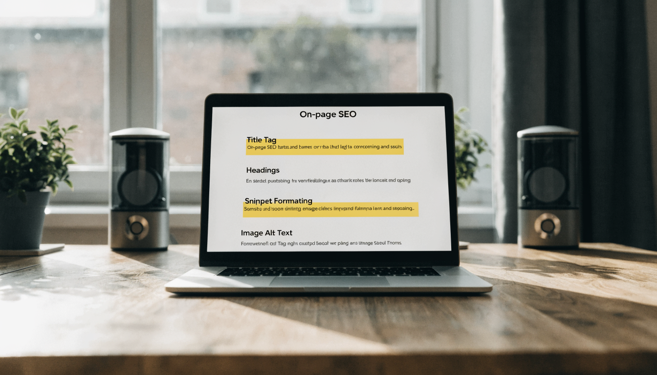 on-page SEO checklist on a laptop screen with title tag, headings, internal links, snippet formatting, and image alt text highlighted
