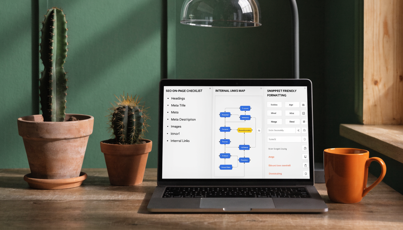 modern blog editor screen showing SEO on-page checklist, internal links map, and snippet-friendly formatting
