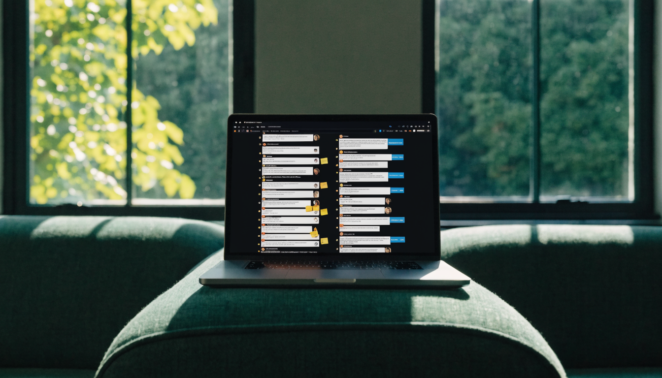 A forum discussion thread on a laptop screen about automating Ghost posts to Medium, with highlighted replies and notes