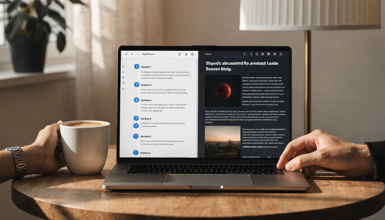 side-by comparison of AI blog writing tools on a laptop withmarks for features like SEO, collaboration citations, and publishing