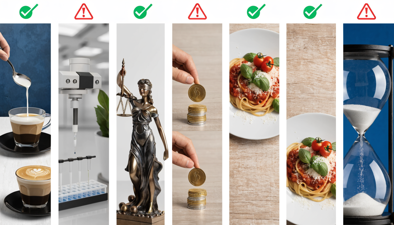 grid of blog post types with checkmarks for how-to and updates and red warning icons medical legal, financial, and breaking news