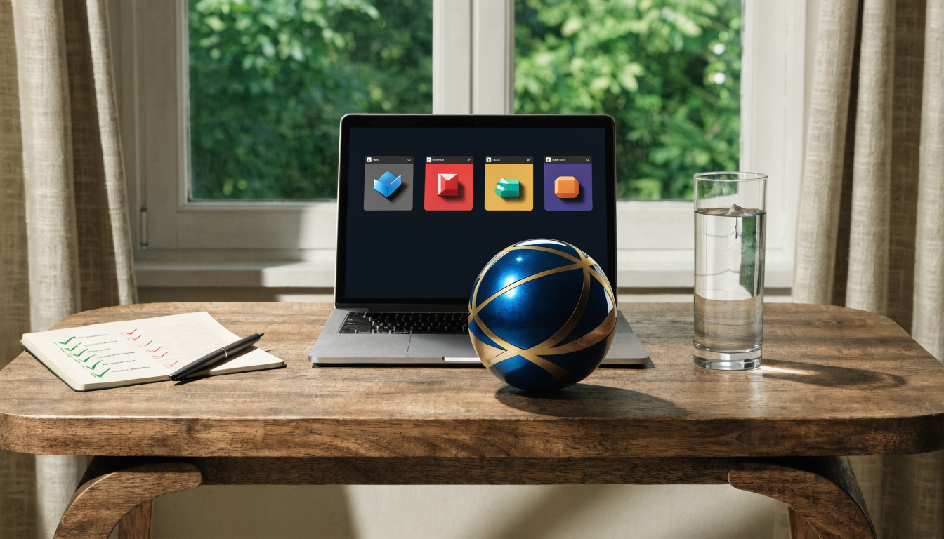 editor desk with checklist, verified source tabs on a laptop, and a trust badge representing-E-A-T