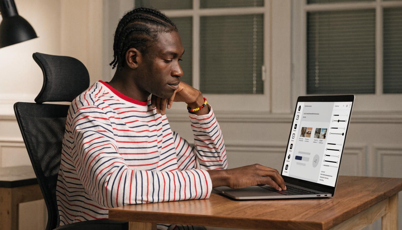 friendly writer editing a blog post in a clean AI-powered editor, with style guidelines and tone sliders on the side