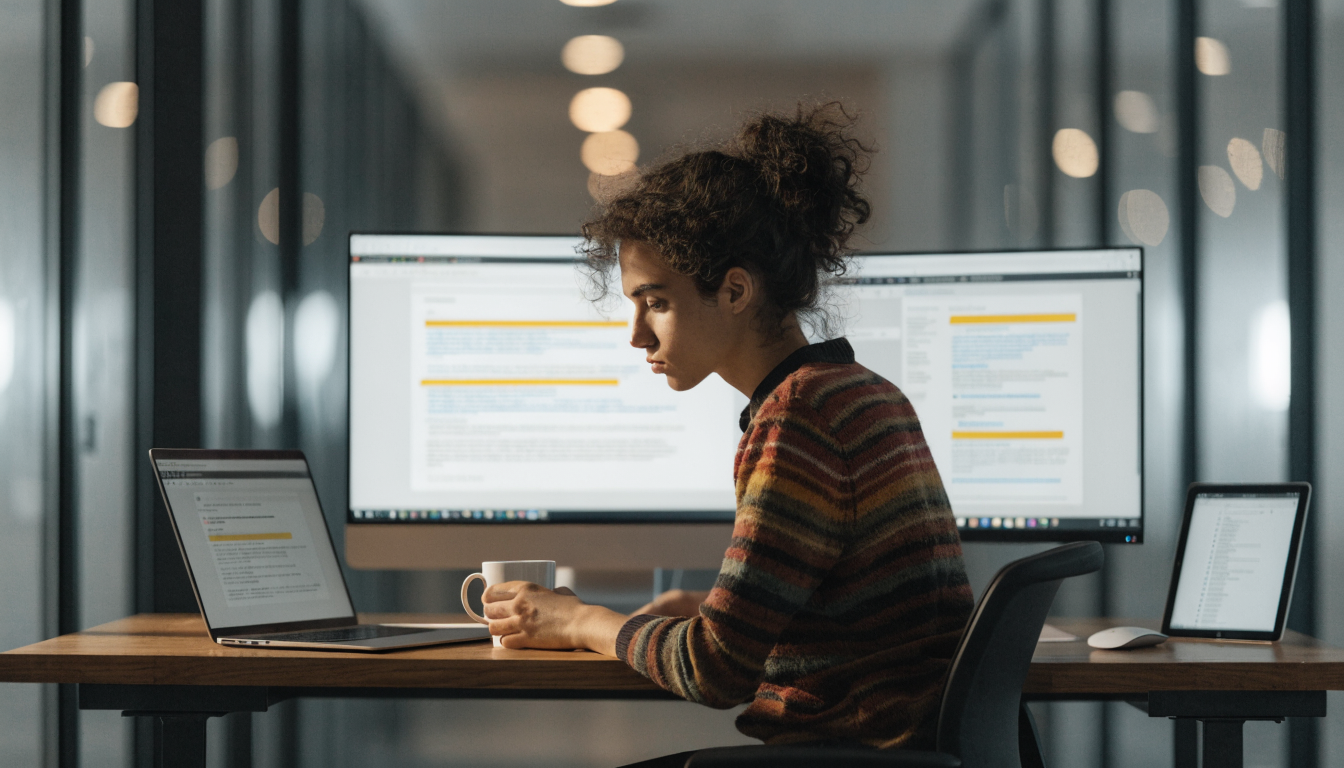 researcher at a desk cross-checking sources on multiple screens with highlighted citations and a checklist, clean modern style