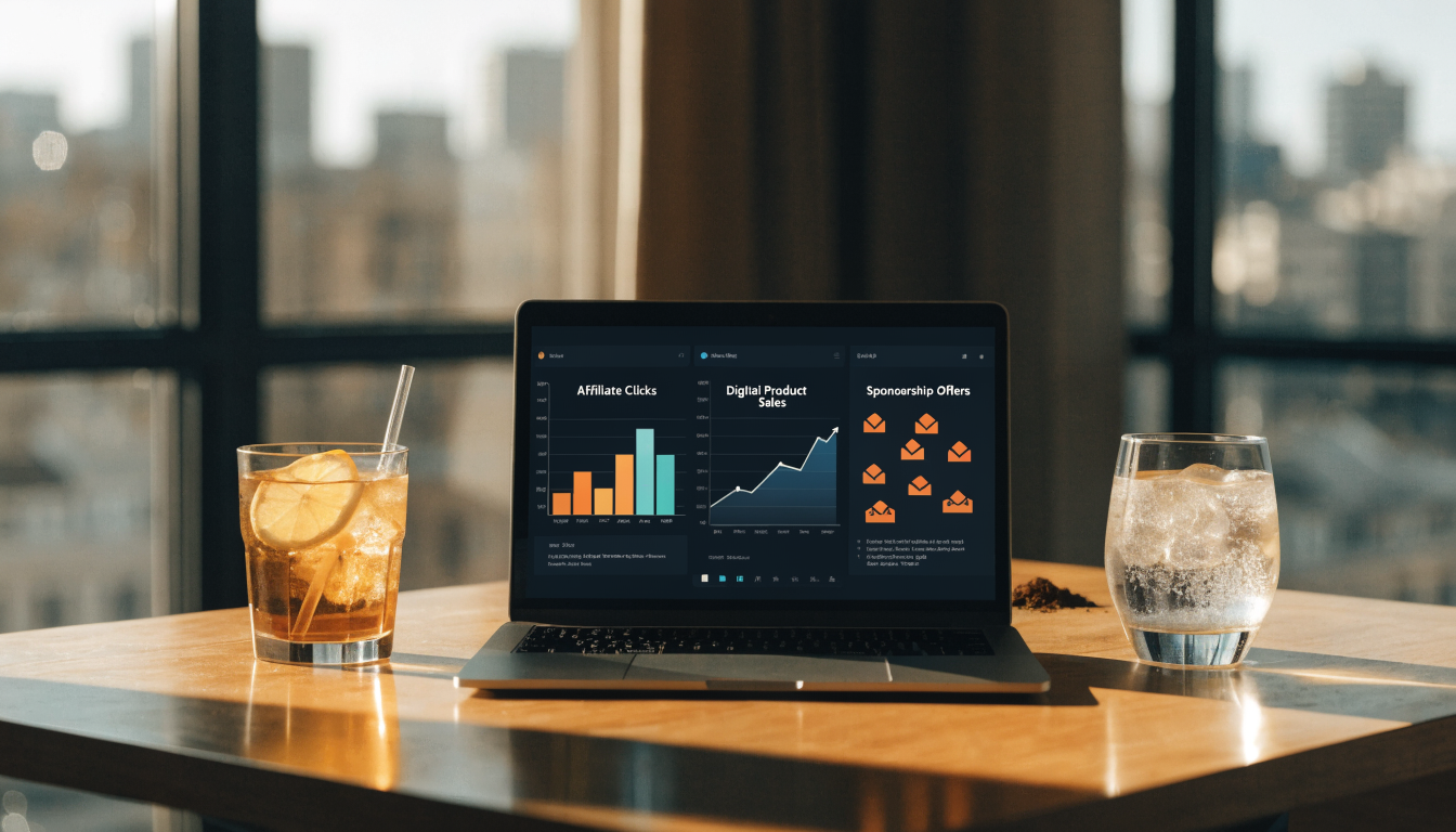 blogger revenue dashboard on a laptop showing affiliate clicks, digital product sales, and sponsorship offers, warm modern workspace