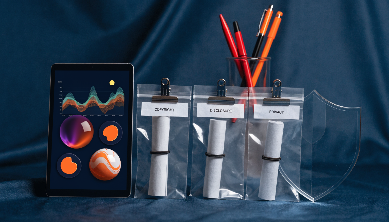 a friendly compliance checklist scene with documents labeled copyright, disclosure, privacy, and a shield icon beside a blog dashboard