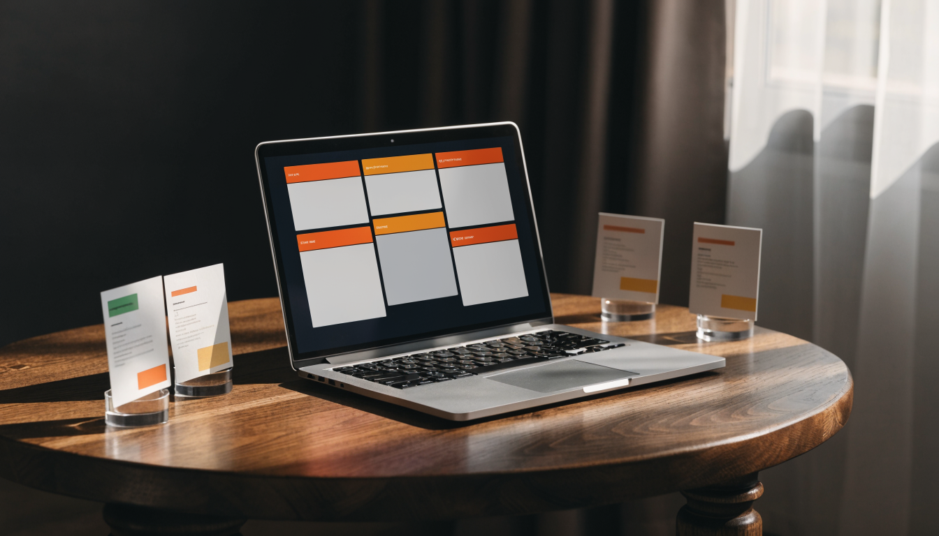 a clean scene with prompt cards, a laptop showing structured headings, and highlighted specificity rules