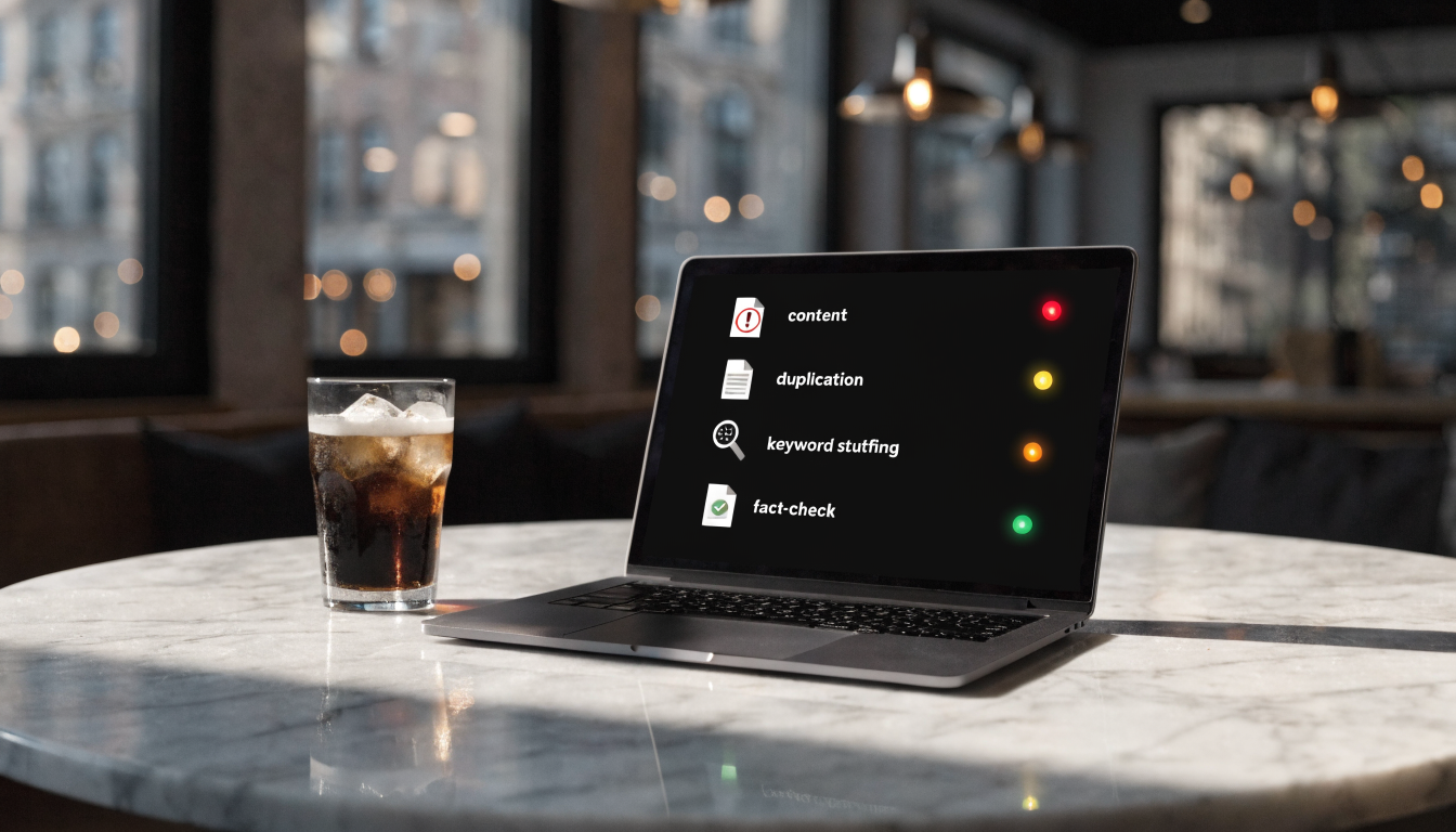 a warning-style checklist on a screen showing content, duplication, keyword stuffing, and fact-check steps
