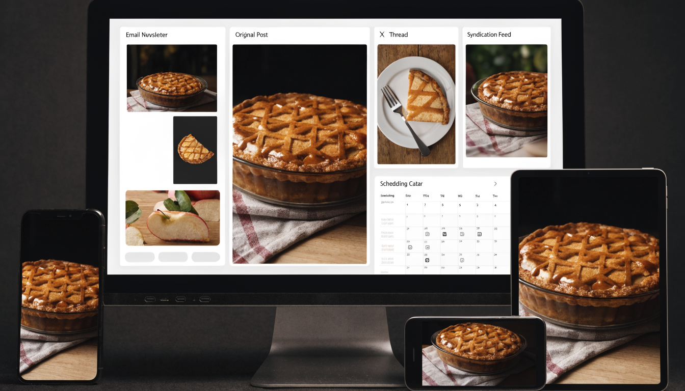 multi-channel content distribution dashboard showing a blog post being repurposed into an email newsletter, LinkedIn post, X thread, and syndication feed with scheduling calendar