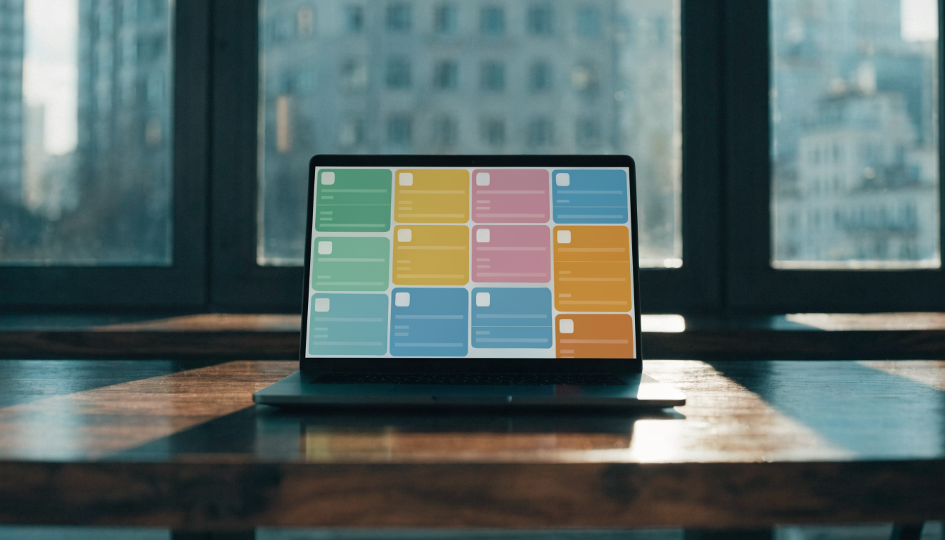 a tidy content outline on a laptop screen with color-coded sections, prompt snippets, and a clear checklist aesthetic