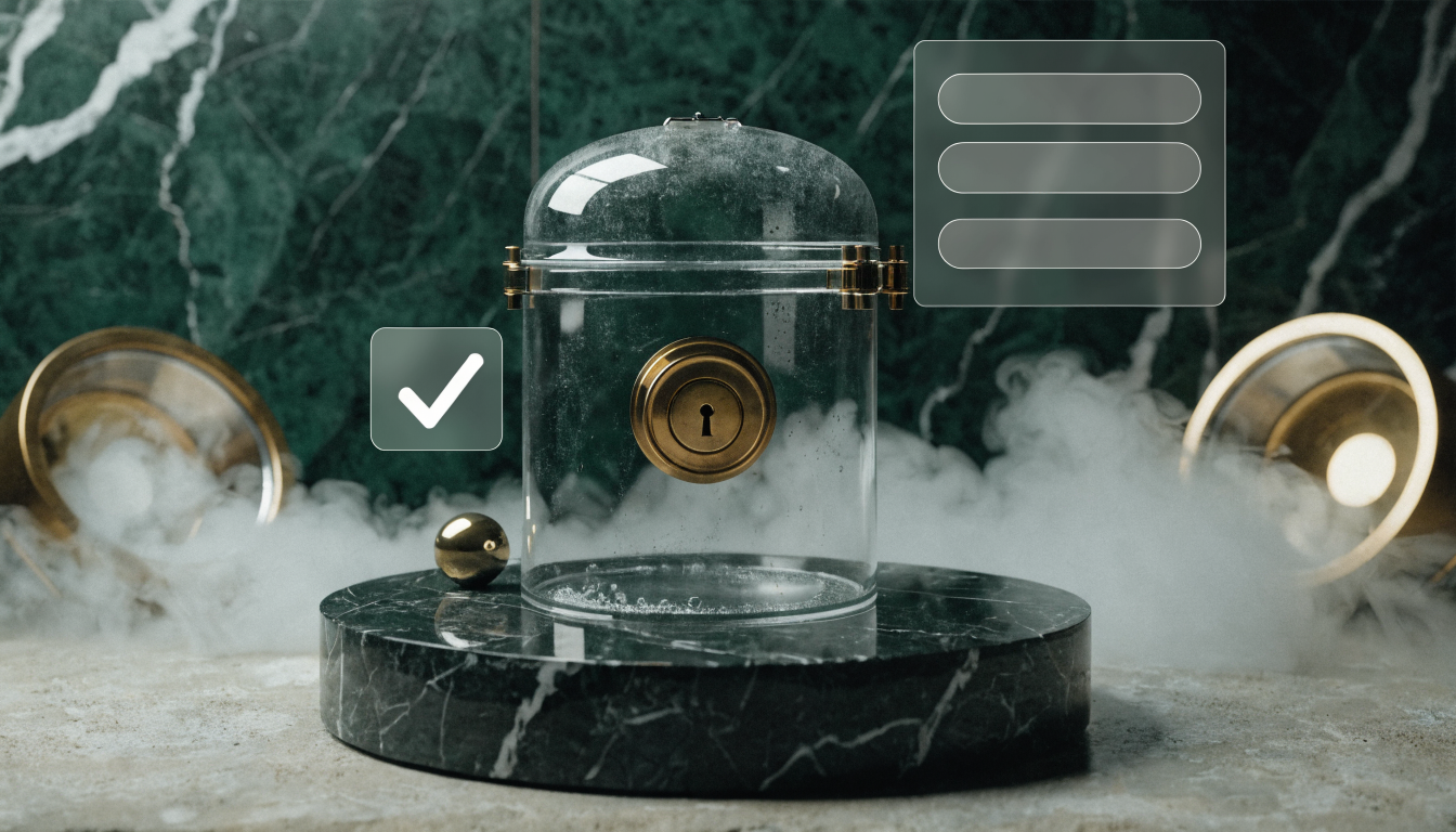 minimal web privacy illustration with consent checkbox, data vault icon, and embedded form window on a Framer-like page