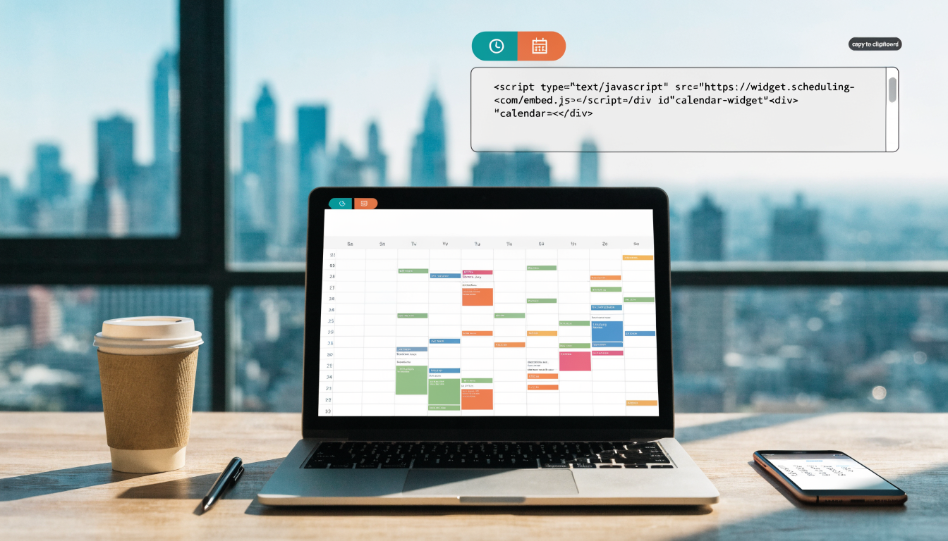 A clean website section showing an embedded scheduling calendar in a modern SaaS landing page layout, with a copy-paste embed code snippet beside it
