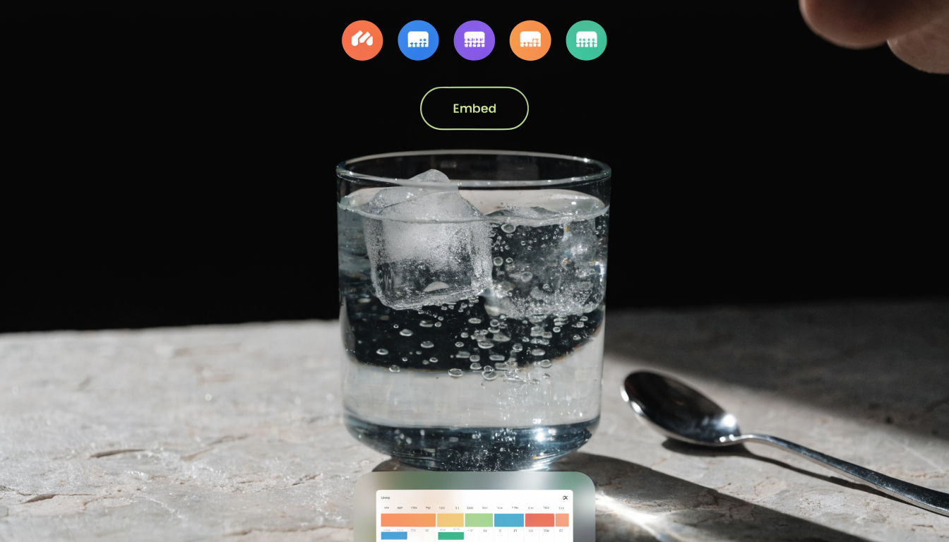 An integrations-style webpage layout featuring a scheduling embed card, icons for website builders, and a highlighted “Embed” button leading to setup steps