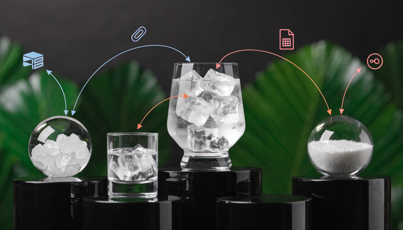 a clean comparison visual showing Airtable, Notion, Google Sheets, and a Postgres database connected to a Framer UI with arrows and simple icons