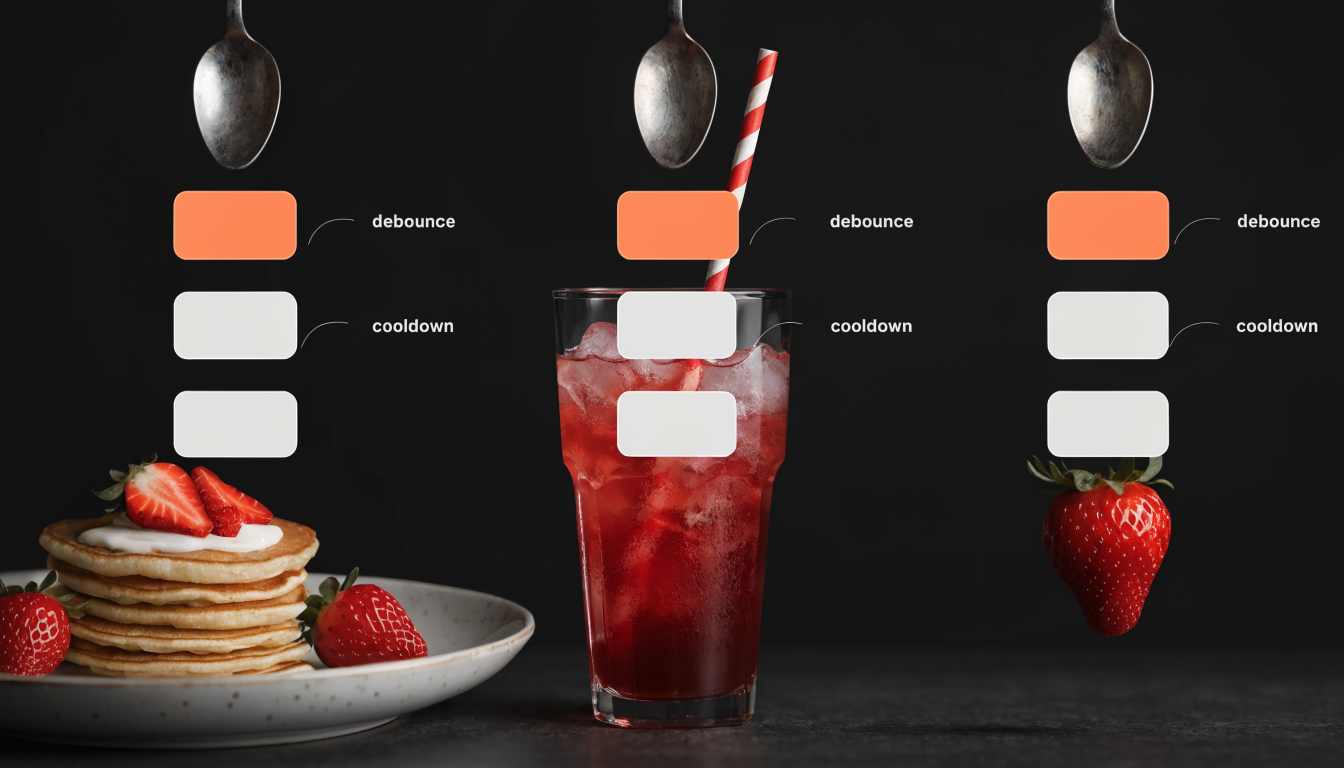 timeline-style UI diagram showing user actions triggering toast notifications with debounce and cooldown labels