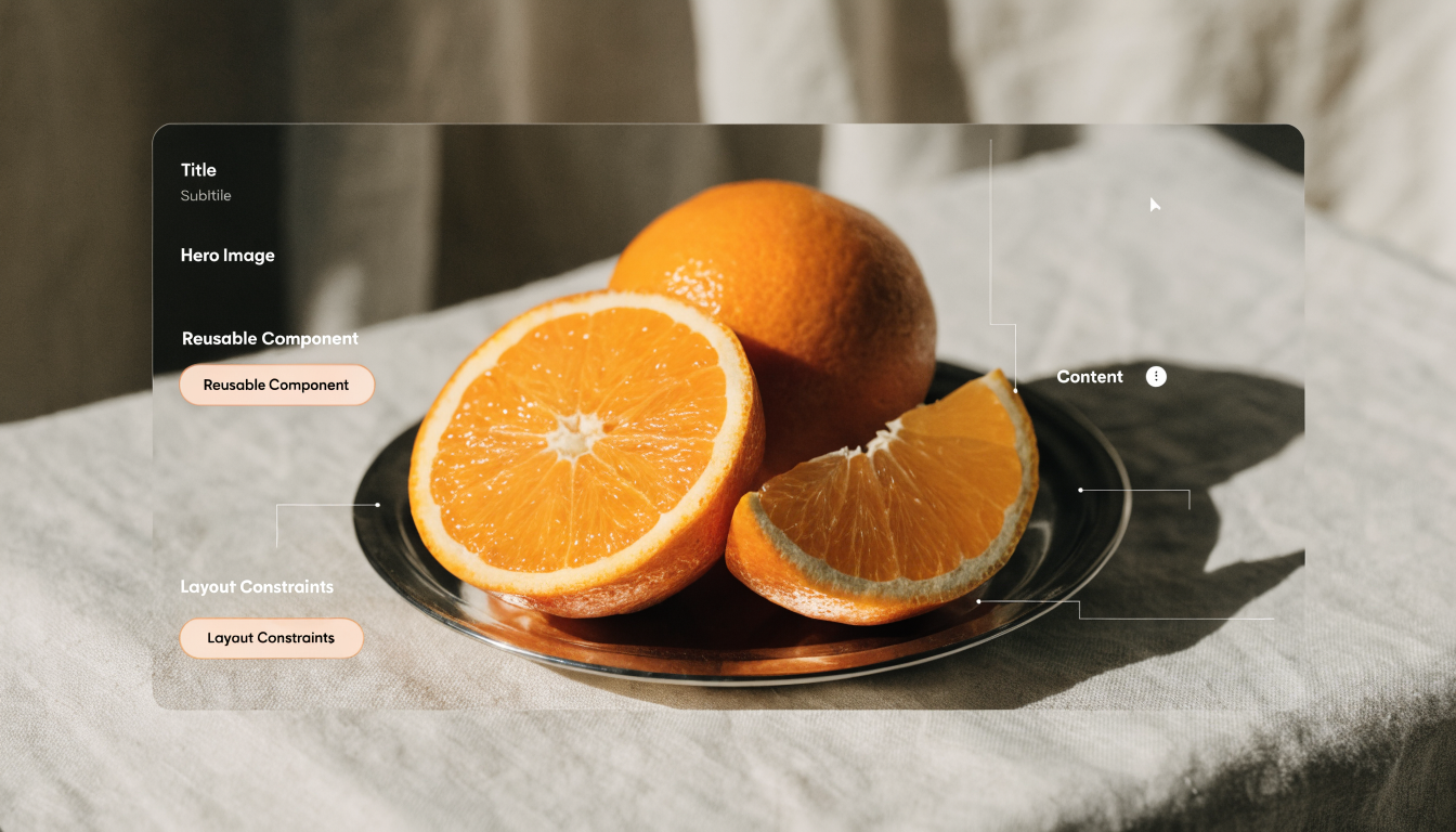 a styled Framer CMS template with labeled fields, reusable components, and layout constraints highlighted